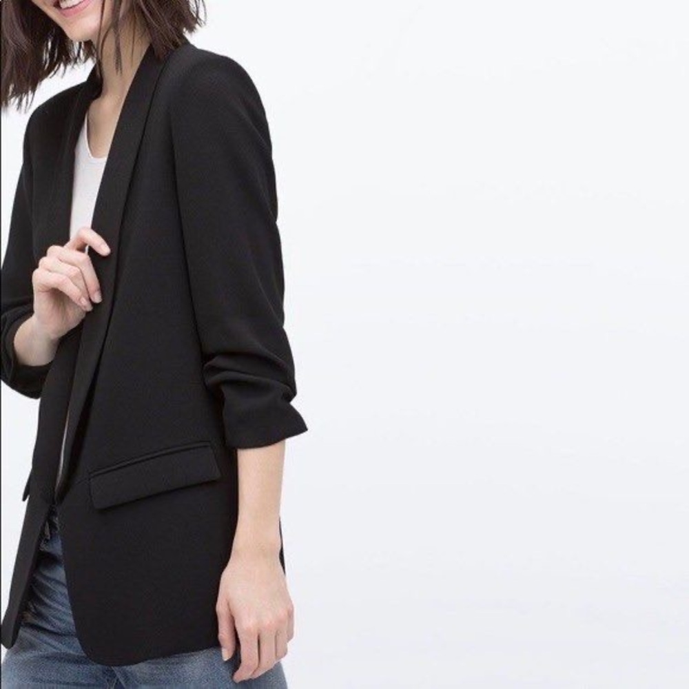 Zara Black Open Front Cinched 3/4 Sleeve Blazer - Picture 4 of 16